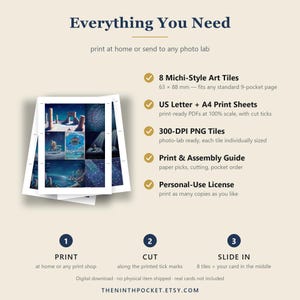 May include: A digital download set featuring 8 Michi-Style Art Tiles measuring 63 x 88 mm, US Letter and A4 print sheets, 300-DPI PNG files, a print and assembly guide, and a personal-use license. The text includes Everything You Need, Print, Cut, Slide In.