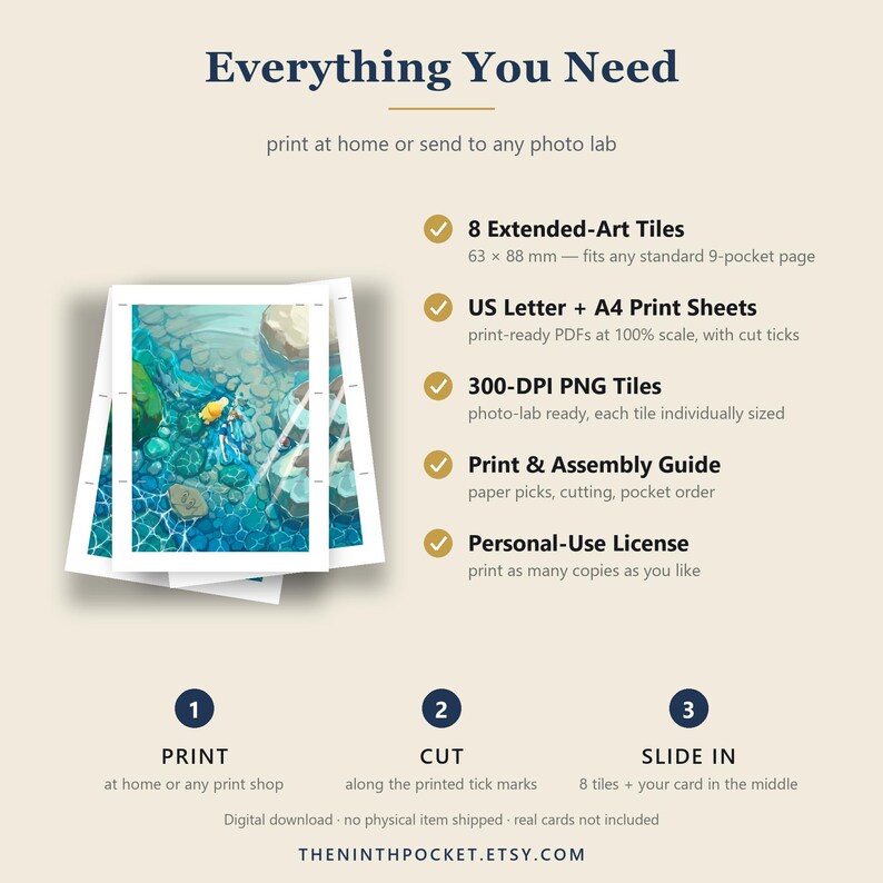 Puede incluir: Un listado de producto de descarga digital titulado Everything You Need, con una pila de tarjetas art&iacute;sticas impresas con marcas de corte. Incluye 8 tarjetas de 63 x 88 mm, hojas A4, archivos PNG de 300 DPI, una gu&iacute;a y una licencia de uso personal.