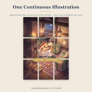 Puede incluir: Un conjunto de ocho azulejos impresos con una ilustraci&oacute;n continua de una habitaci&oacute;n acogedora con chimenea, sillones y alfombra. Los azulejos rodean un espacio central para una tarjeta, con el texto YOUR CARD - NOT INCLUDED.