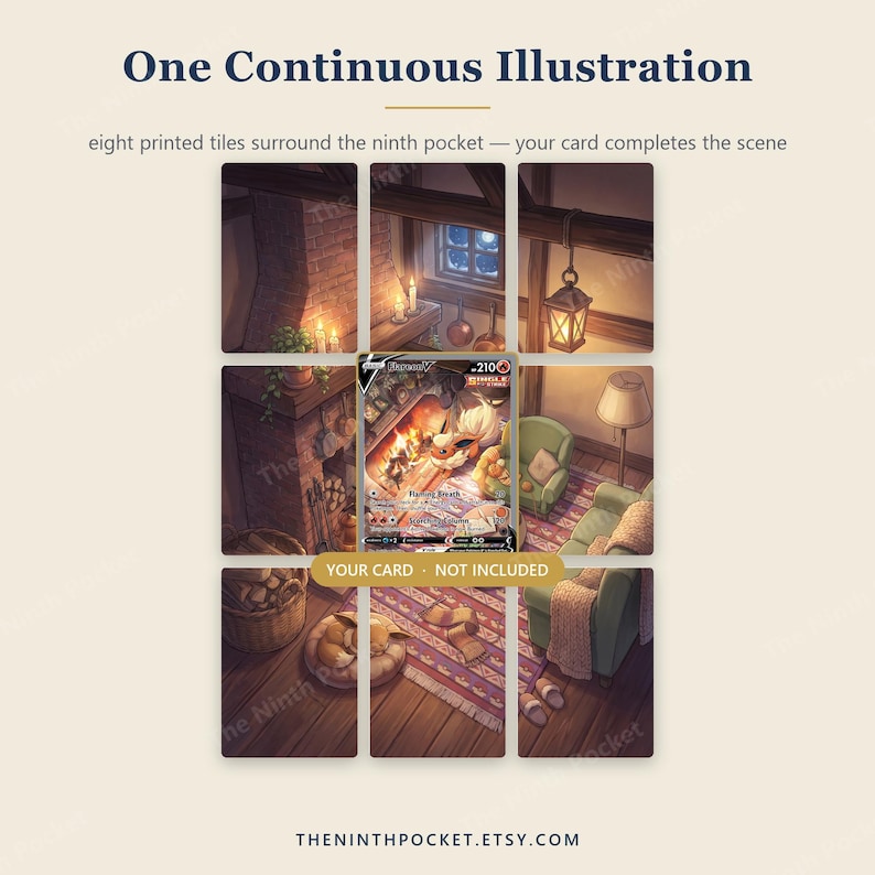 Puede incluir: Un conjunto de ocho azulejos impresos con una ilustraci&oacute;n continua de una habitaci&oacute;n acogedora con chimenea, sillones y alfombra. Los azulejos rodean un espacio central para una tarjeta, con el texto YOUR CARD - NOT INCLUDED.