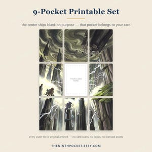 May include: A 9-pocket printable set featuring a grid of eight illustrated tiles depicting dark, rocky landscapes with lightning and creatures, surrounding a central blank white rectangle with the text YOUR CARD HERE.