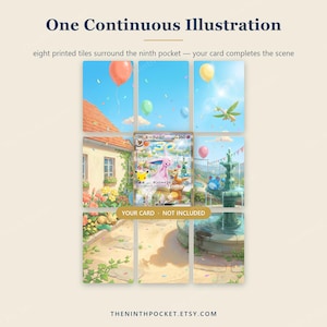 May include: A display of eight printed tiles arranged in a grid, surrounding a central space for a trading card. The tiles feature a continuous outdoor scene with a house, garden, fountain, and balloons. Text reads: One Continuous Illustration.