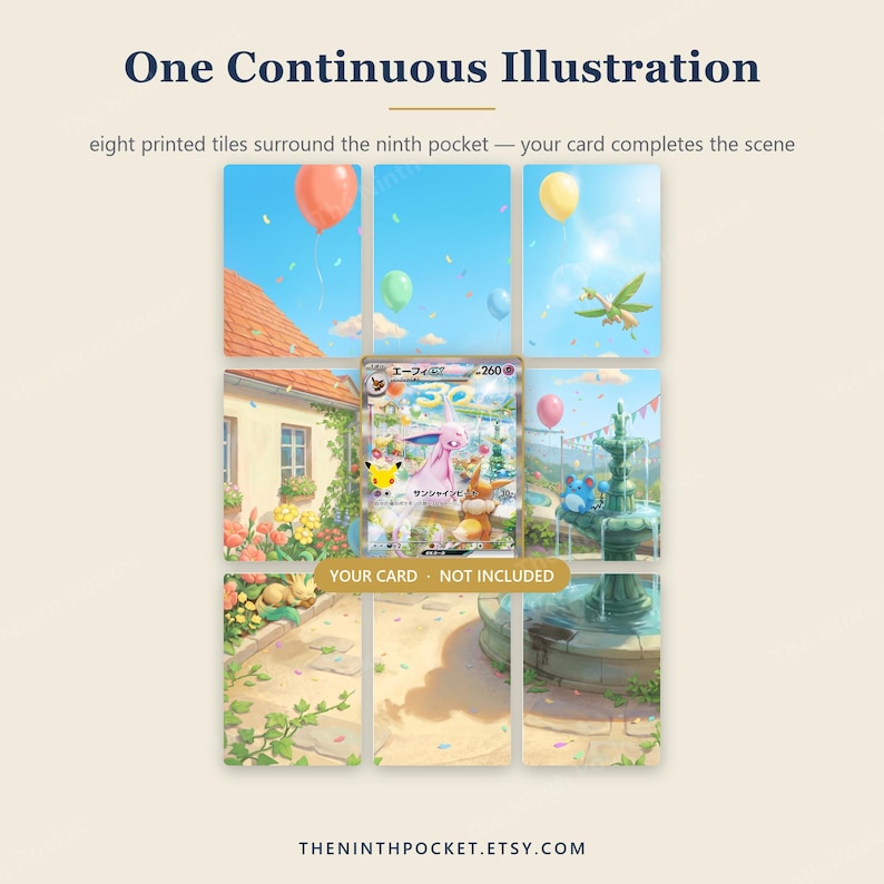 May include: A display of eight printed tiles arranged in a grid, surrounding a central space for a trading card. The tiles feature a continuous outdoor scene with a house, garden, fountain, and balloons. Text reads: One Continuous Illustration.