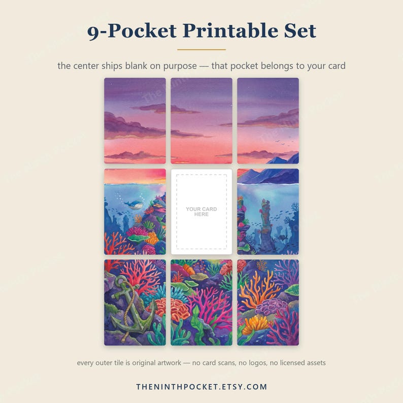 Puede incluir: Un conjunto imprimible de 9 bolsillos con una cuadr&iacute;cula de nueve tarjetas rectangulares. La fila superior muestra un cielo al atardecer, la fila central muestra una escena de arrecife de coral con una tarjeta central en blanco y la inferior.