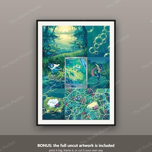 May include: A framed art print featuring a collage of blue and green aquatic scenes with a central trading card. The artwork displays a pond, bubbles, a blue frog-like creature, and lush vegetation with light reflecting on the water surface.