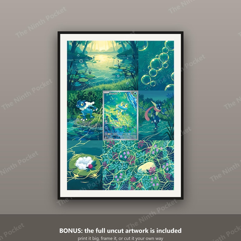 May include: A framed art print featuring a collage of blue and green aquatic scenes with a central trading card. The artwork displays a pond, bubbles, a blue frog-like creature, and lush vegetation with light reflecting on the water surface.