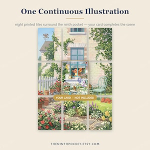 May include: A display of eight printed tiles arranged in a grid, featuring a continuous garden illustration with a brick house, climbing vines, flowers, and a white fence. The centre space is empty for a card, with text reading YOUR CARD NOT INCLUDED.