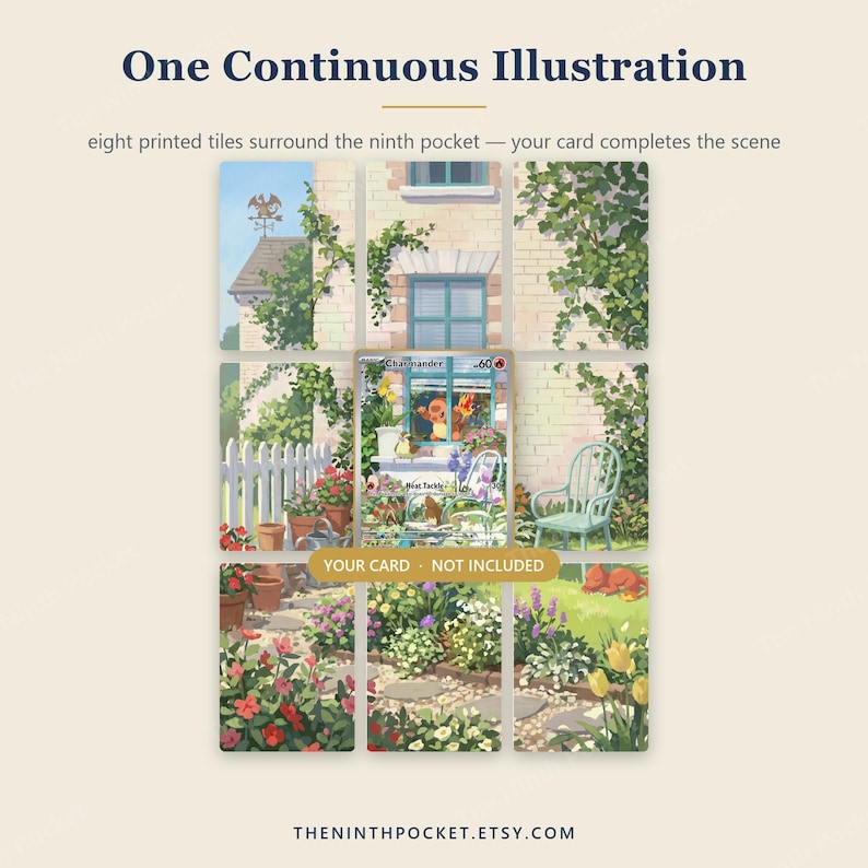 May include: A display of eight printed tiles arranged in a grid, featuring a continuous garden illustration with a brick house, climbing vines, flowers, and a white fence. The centre space is empty for a card, with text reading YOUR CARD NOT INCLUDED.