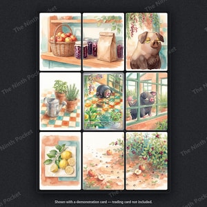 Op de afbeelding: Een verzameling van negen aquarelillustraties met een varken, appels in een mand, potplanten, een gieter en een Lechonk-verzamelkaart. De kunstwerken tonen verschillende sc&egrave;nes, waaronder een voorraadkast, een tuin en een bessenstruik.