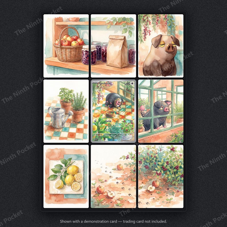 Op de afbeelding: Een verzameling van negen aquarelillustraties met een varken, appels in een mand, potplanten, een gieter en een Lechonk-verzamelkaart. De kunstwerken tonen verschillende sc&egrave;nes, waaronder een voorraadkast, een tuin en een bessenstruik.