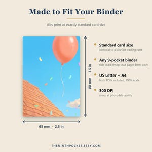 May include: A rectangular card featuring a peach balloon floating in a blue sky above a tiled roof with confetti. Text includes Made to Fit Your Binder, Standard card size, 9-pocket binder, US Letter + A4, 300 DPI. Dimensions are 3.5 in by 2.5 in.