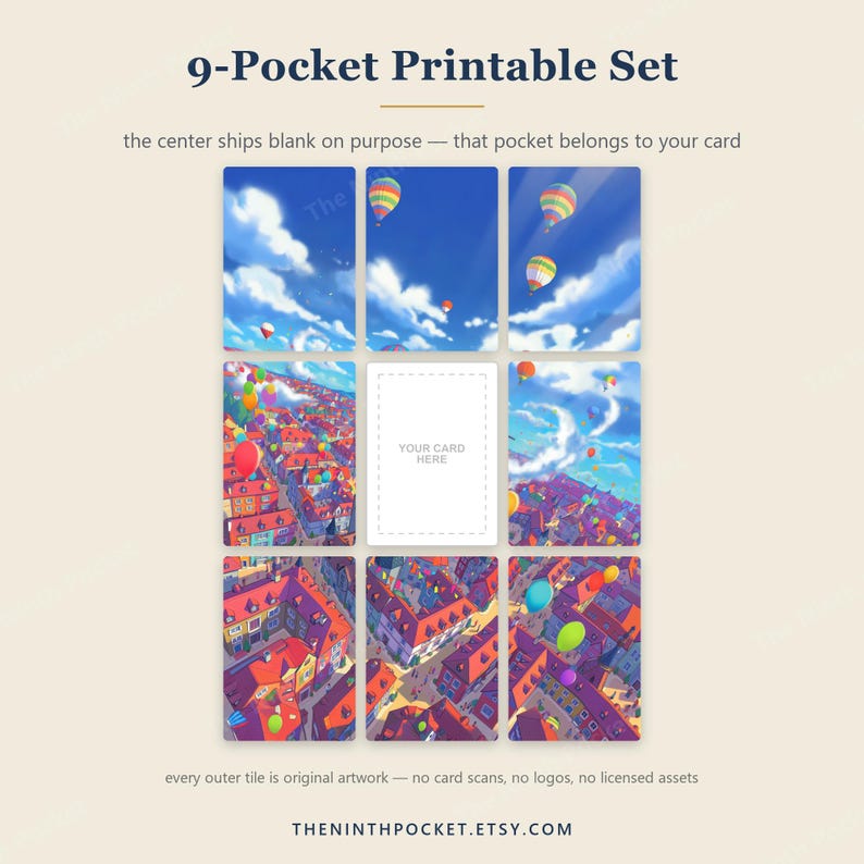 K&ouml;nnte beinhalten: Ein druckbares 9-Taschen-Set mit einem Raster aus Kunstwerken, das eine Stadt mit bunten Hei&szlig;luftballons am blauen Himmel zeigt. Die mittlere Tasche ist leer, hat einen gestrichelten Rand und den Text YOUR CARD HERE. Text: 9-Pocket Printable Set.