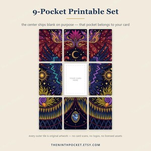 May include: A 9-pocket printable set featuring dark, celestial-themed artwork with deep purples, blues, and gold accents. The grid displays intricate patterns of wings, suns, and moons, with a central white rectangle labeled YOUR CARD HERE.