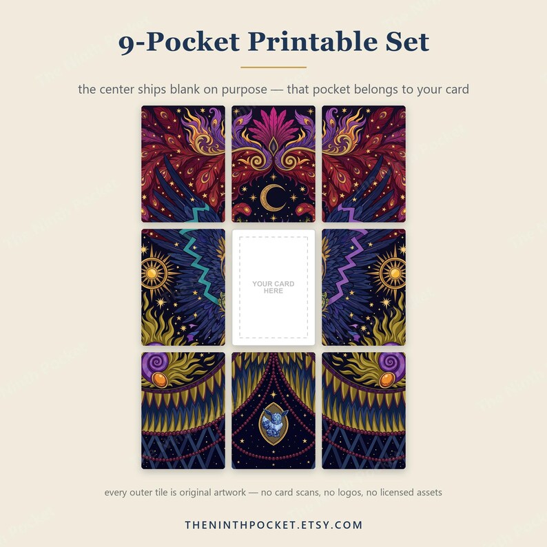 May include: A 9-pocket printable set featuring dark, celestial-themed artwork with deep purples, blues, and gold accents. The grid displays intricate patterns of wings, suns, and moons, with a central white rectangle labeled YOUR CARD HERE.
