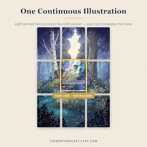 Puede incluir: Un conjunto de ocho azulejos impresos con una ilustraci&oacute;n forestal continua de &aacute;rboles, flores y un arroyo. Los azulejos rodean un espacio central vac&iacute;o para una tarjeta, con el texto YOUR CARD - NOT INCLUDED.