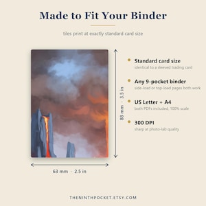 May include: A rectangular card featuring a digital illustration of a volcanic landscape with lava flowing down grey cliffs under a smoky sky. Text includes Made to Fit Your Binder, 3.5 in by 2.5 in, and details about 9-pocket binder compatibility.