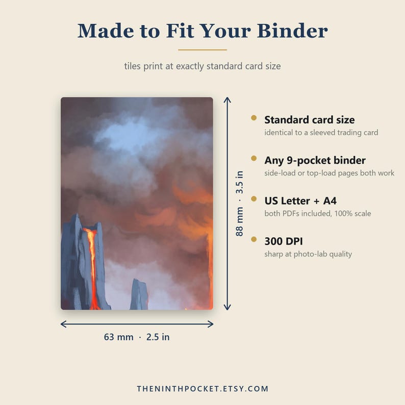 May include: A rectangular card featuring a digital illustration of a volcanic landscape with lava flowing down grey cliffs under a smoky sky. Text includes Made to Fit Your Binder, 3.5 in by 2.5 in, and details about 9-pocket binder compatibility.