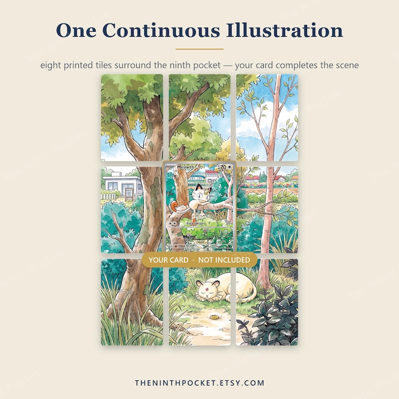 Peut inclure: Un ensemble de huit tuiles imprim&eacute;es formant une illustration paysag&egrave;re continue avec des arbres, du feuillage et un chat endormi. Le centre pr&eacute;sente un espace vide marqu&eacute; YOUR CARD - NOT INCLUDED. Texte : One Continuous Illustration.