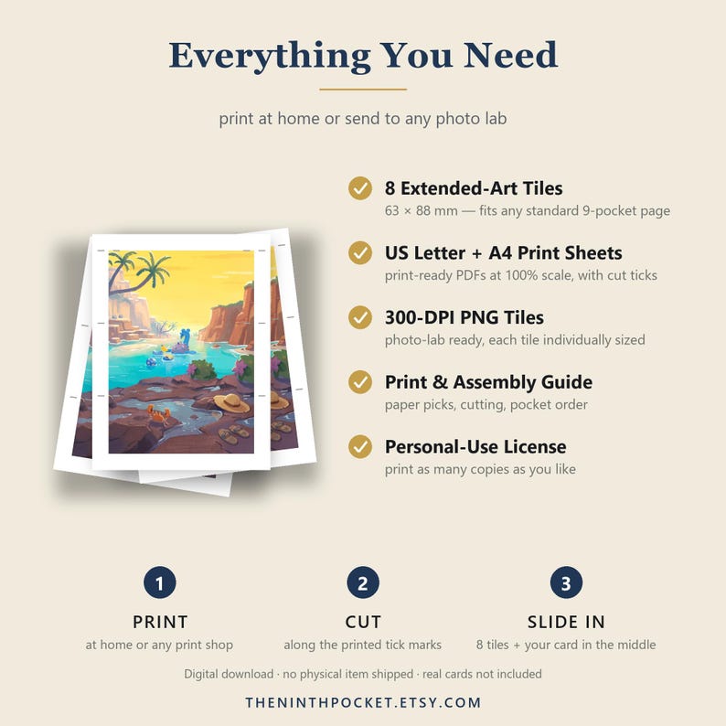 May include: A digital download guide titled Everything You Need featuring a stack of printed cards with a desert landscape illustration. It lists 8 Extended-Art Tiles measuring 63 x 88 mm, US Letter and A4 print sheets, 300-DPI PNG tiles, a guide, and a license.