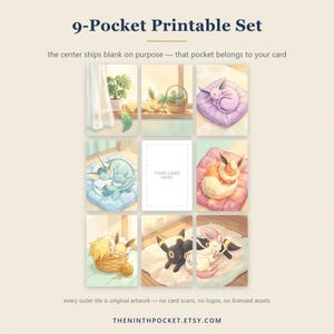 May include: A 9-pocket printable set featuring eight illustrated cards of sleeping creatures in cozy settings and one blank center card labeled YOUR CARD HERE. The text reads 9-Pocket Printable Set, the center ships blank on purpose, and THENINTHPOCKET.ETSY.COM.