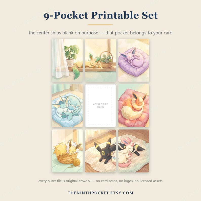 May include: A 9-pocket printable set featuring eight illustrated cards of sleeping creatures in cozy settings and one blank center card labeled YOUR CARD HERE. The text reads 9-Pocket Printable Set, the center ships blank on purpose, and THENINTHPOCKET.ETSY.COM.