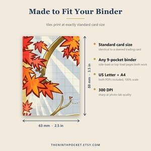 K&ouml;nnte beinhalten: Eine rechteckige Karte mit einer Grafik aus orangefarbenen und roten Ahornbl&auml;ttern auf einem Rasterhintergrund. Der Text umfasst Made to Fit Your Binder, Standard card size, Any 9-pocket binder, US Letter + A4 und 300 DPI. Ma&szlig;e: 63 mm mal 88 mm.