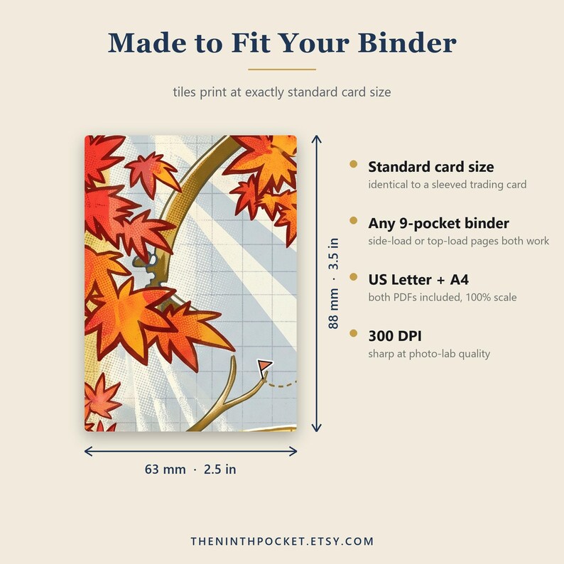 K&ouml;nnte beinhalten: Eine rechteckige Karte mit einer Grafik aus orangefarbenen und roten Ahornbl&auml;ttern auf einem Rasterhintergrund. Der Text umfasst Made to Fit Your Binder, Standard card size, Any 9-pocket binder, US Letter + A4 und 300 DPI. Ma&szlig;e: 63 mm mal 88 mm.