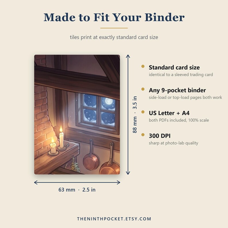 Puede incluir: Una tarjeta rectangular con una ilustraci&oacute;n de una habitaci&oacute;n acogedora con chimenea de ladrillo, dos velas encendidas y sartenes de cobre colgantes. La tarjeta mide 63 mm por 88 mm. El texto incluye Made to Fit Your Binder, Standard card size, Any 9-pocket binder, US Letter + A4 y 300 DPI.
