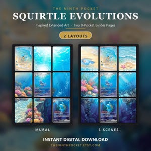 May include: Two 9-pocket binder pages featuring Squirtle Evolutions extended art. The mural layout displays underwater scenes with coral and bubbles, while the 3 scenes layout shows beach and ocean imagery. Text includes The Ninth Pocket and Squirtle Evolutions.