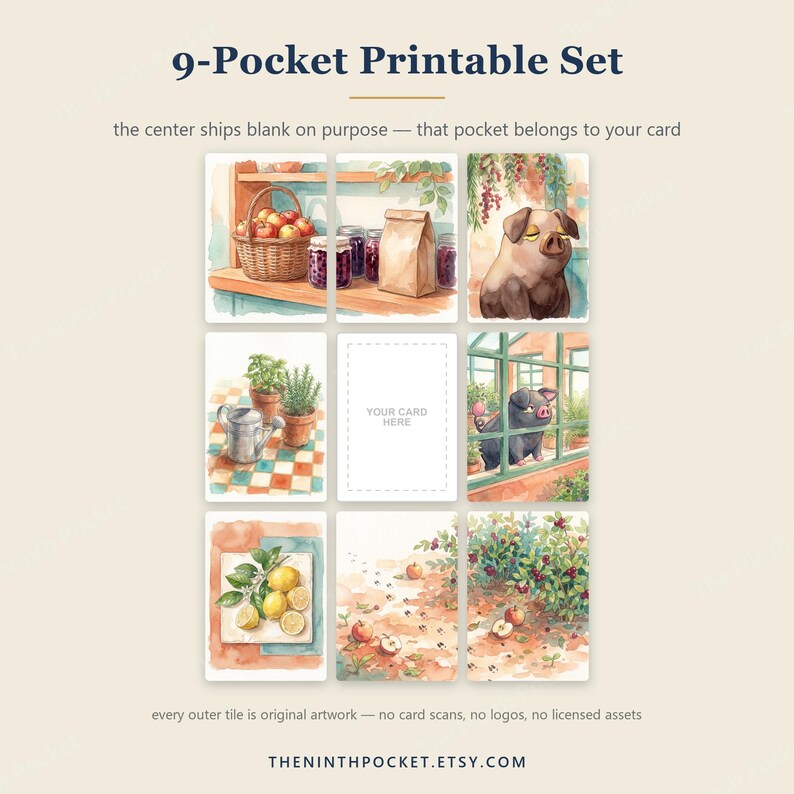 Op de afbeelding: Een 9-vaks printbare set met aquarelillustraties van een mand met appels, potten, een papieren zak, varkens, een gieter, potplanten, citroenen en verspreide appels. Het middelste vak bevat de tekst YOUR CARD HERE.