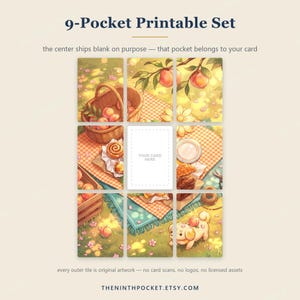 K&ouml;nnte beinhalten: Ein druckbares 9-Taschen-Set mit einem Raster aus Illustrationen, die eine Picknickszene mit Korb, Pfirsichen, Geb&auml;ck und einem kleinen Hund zeigen. Das mittlere Feld ist ein wei&szlig;es Rechteck mit dem Text YOUR CARD HERE in der Mitte.