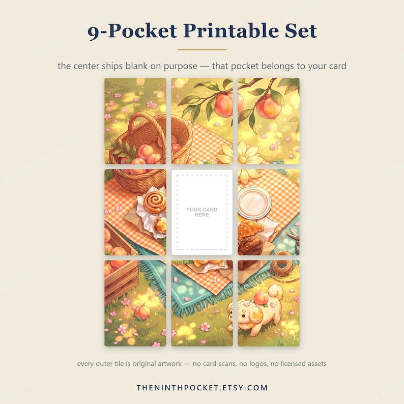 K&ouml;nnte beinhalten: Ein druckbares 9-Taschen-Set mit einem Raster aus Illustrationen, die eine Picknickszene mit Korb, Pfirsichen, Geb&auml;ck und einem kleinen Hund zeigen. Das mittlere Feld ist ein wei&szlig;es Rechteck mit dem Text YOUR CARD HERE in der Mitte.