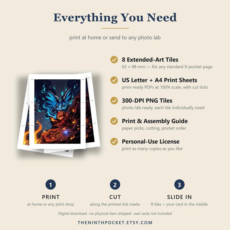 Peut inclure: Un guide de t&eacute;l&eacute;chargement num&eacute;rique intitul&eacute; Everything You Need, montrant une pile de cartes imprim&eacute;es avec des flammes bleues. Il liste 8 tuiles d'art &eacute;tendu de 63 x 88 mm, des feuilles A4, des fichiers PNG 300 DPI, un guide et une licence.
