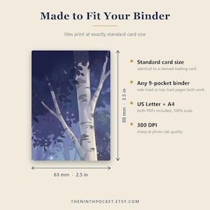 Puede incluir: Una tarjeta rectangular con una ilustraci&oacute;n de bosque oscuro y un abedul blanco. El texto incluye Made to Fit Your Binder, Standard card size, 9-pocket binder, US Letter + A4 y 300 DPI. Las dimensiones son 63 mm por 88 mm.