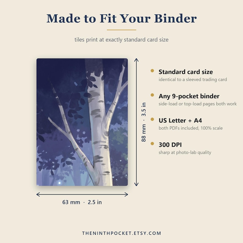 Puede incluir: Una tarjeta rectangular con una ilustraci&oacute;n de bosque oscuro y un abedul blanco. El texto incluye Made to Fit Your Binder, Standard card size, 9-pocket binder, US Letter + A4 y 300 DPI. Las dimensiones son 63 mm por 88 mm.