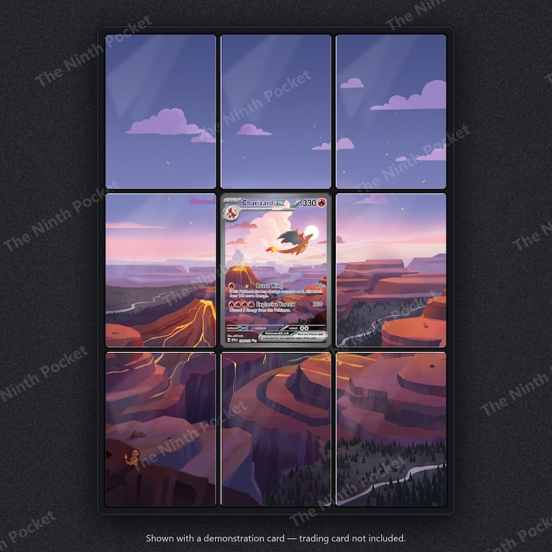 May include: A nine-panel display frame featuring a panoramic illustration of a volcanic canyon landscape at sunset, with a Charizard ex trading card placed in the center slot. The artwork depicts a flying dragon, lava flows, and rocky terrain.