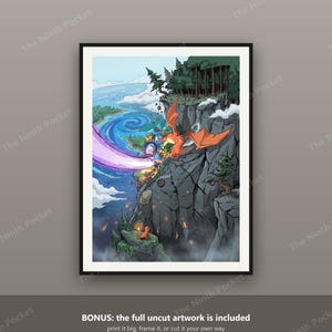 Puede incluir: Una impresi&oacute;n de ilustraci&oacute;n digital vertical que muestra un paisaje de acantilado rocoso con un gran drag&oacute;n naranja volando cerca de un v&oacute;rtice azul. Abajo, una peque&ntilde;a criatura naranja se encuentra en una repisa entre brasas.