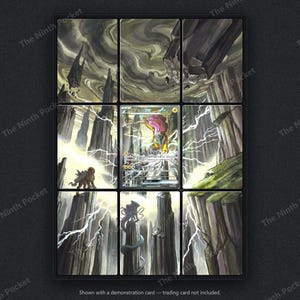 May include: A nine-panel grid display frame featuring a central trading card depicting a yellow and brown creature with lightning bolts against a backdrop of tall, dark, jagged rock pillars and a swirling, stormy, dark gray and white sky.