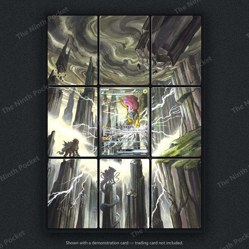 May include: A nine-panel grid display frame featuring a central trading card depicting a yellow and brown creature with lightning bolts against a backdrop of tall, dark, jagged rock pillars and a swirling, stormy, dark gray and white sky.