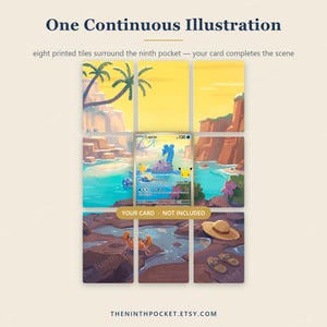 May include: A display set of eight printed tiles arranged in a grid, featuring a tropical beach scene with palm trees, rocky cliffs, and water. A central empty slot is labeled YOUR CARD - NOT INCLUDED, designed for a Lapras trading card.