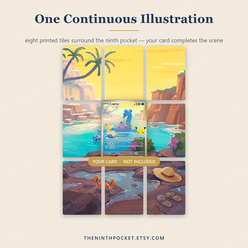 May include: A display set of eight printed tiles arranged in a grid, featuring a tropical beach scene with palm trees, rocky cliffs, and water. A central empty slot is labeled YOUR CARD - NOT INCLUDED, designed for a Lapras trading card.