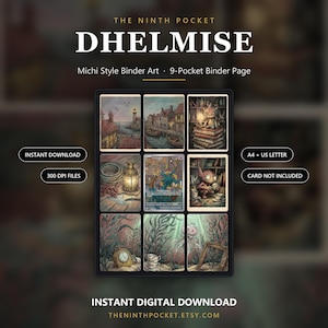 May include: A 9-pocket binder page featuring Dhelmise Michi Style Binder Art. The grid displays nine distinct illustrations including a lighthouse, a harbor, a creature on books, a lantern, a central card, and underwater scenes with seaweed and clocks.