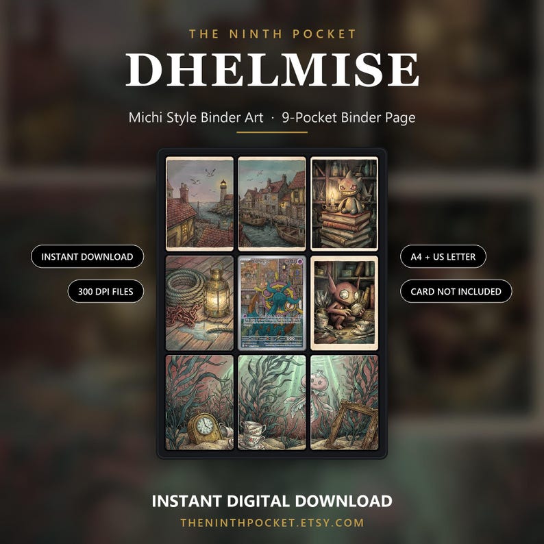 May include: A 9-pocket binder page featuring Dhelmise Michi Style Binder Art. The grid displays nine distinct illustrations including a lighthouse, a harbor, a creature on books, a lantern, a central card, and underwater scenes with seaweed and clocks.