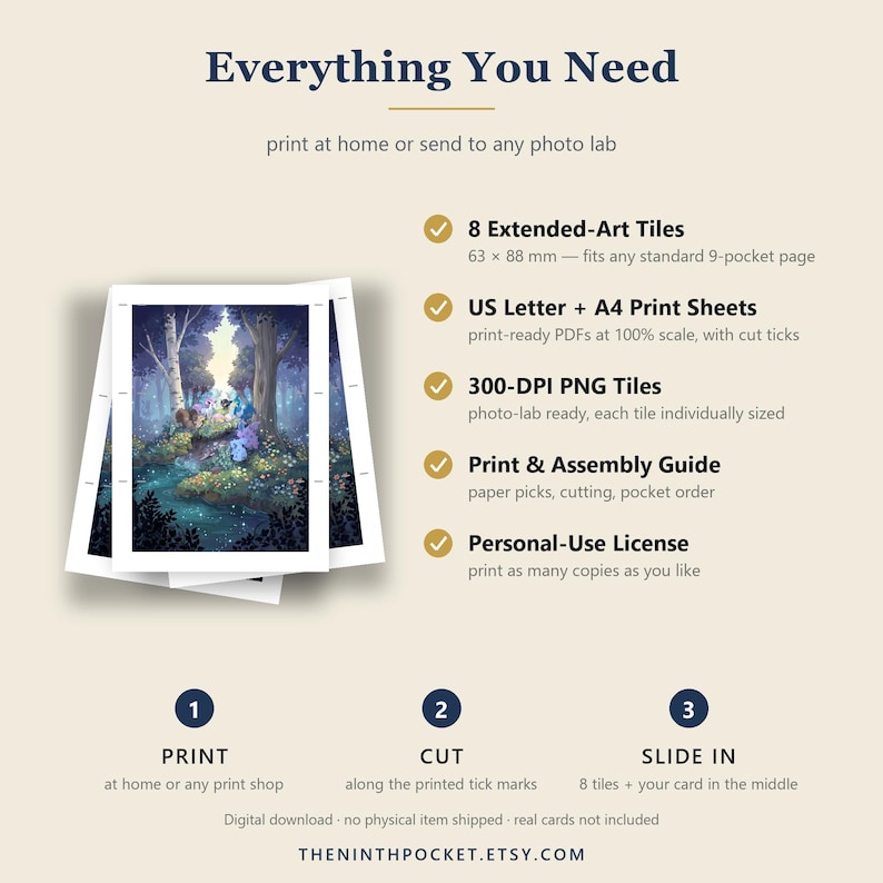 Puede incluir: Un listado de producto de descarga digital titulado Everything You Need. Incluye 8 mosaicos de arte extendido de 63 x 88 mm, hojas de impresi&oacute;n US Letter y A4, mosaicos PNG de 300 DPI, una gu&iacute;a de impresi&oacute;n y montaje, y una licencia de uso personal. Las instrucciones incluyen imprimir, cortar e insertar para 8 mosaicos y una tarjeta.