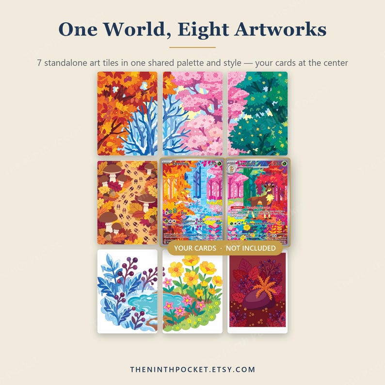 Op de afbeelding: Een verzameling van zeven rechthoekige kunsttegels met kleurrijke illustraties met een natuurthema, gerangschikt rond twee centrale ruilkaarten. De tekst luidt One World, Eight Artworks, 7 standalone art tiles in one shared palette and style &mdash; your cards at the center, YOUR CARDS - NOT INCLUDED en THENINTHPOCKET.ETSY.COM.