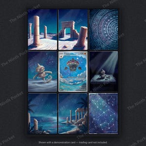 May include: A nine-panel display featuring a central Claydol trading card surrounded by eight artistic illustrations depicting ancient ruins, starry night skies, a small clay figure, and a constellation map, all set against a dark background.