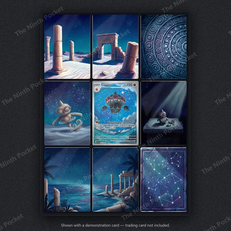May include: A nine-panel display featuring a central Claydol trading card surrounded by eight artistic illustrations depicting ancient ruins, starry night skies, a small clay figure, and a constellation map, all set against a dark background.