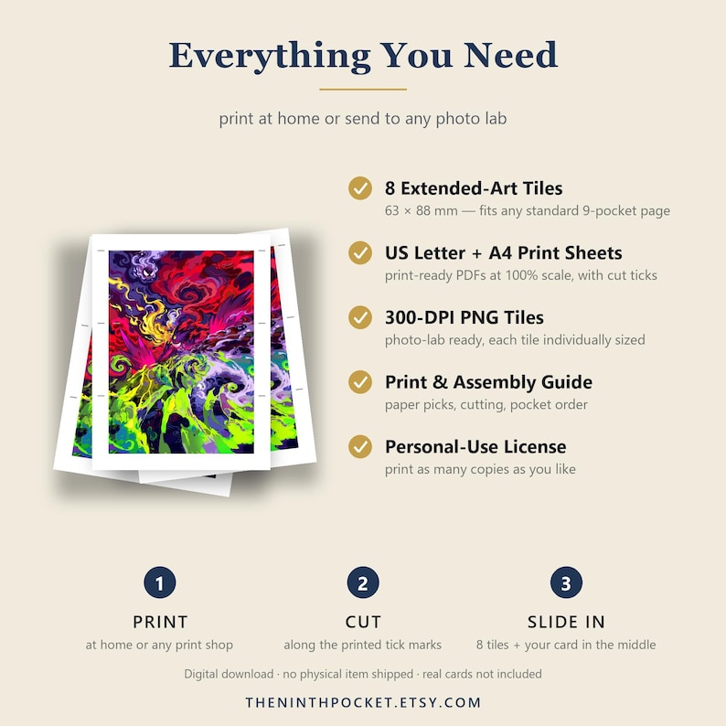 Pode incluir: Uma exibi&ccedil;&atilde;o de produto para download digital com o texto Everything You Need. Inclui 8 pe&ccedil;as de arte estendida de 63 x 88 mm, folhas de impress&atilde;o US Letter e A4, pe&ccedil;as PNG de 300 DPI, um guia de montagem e uma licen&ccedil;a de uso pessoal.