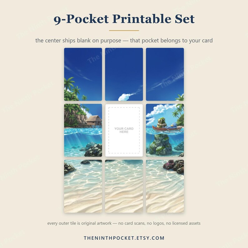Op de afbeelding: Een printbare set van 9 vakjes met een tropisch strandthema. Het raster toont acht ge&iuml;llustreerde panelen met blauwe luchten, palmbomen en helder water, met een centrale witte rechthoekige ruimte met 'YOUR CARD HERE' voor plaatsing.