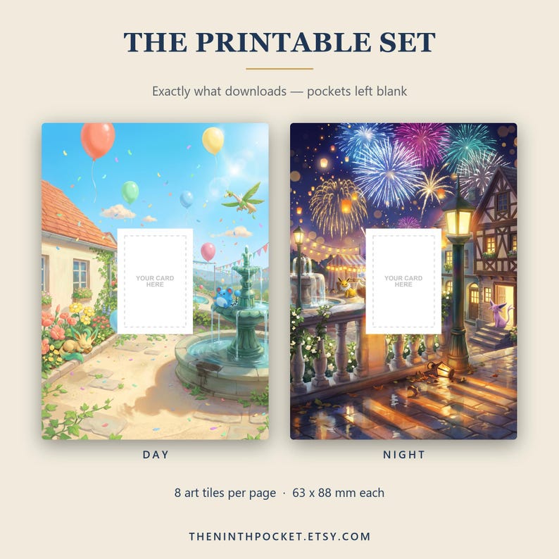 May include: A printable set featuring two rectangular art tiles, one depicting a daytime scene with a fountain and balloons, the other a nighttime scene with fireworks and a street lamp. Each tile has a central white rectangle labeled YOUR CARD HERE. Text includes THE PRINTABLE SET, 8 art tiles per page, 63 x 88 mm each, and THENINTHPOCKET.ETSY.COM.